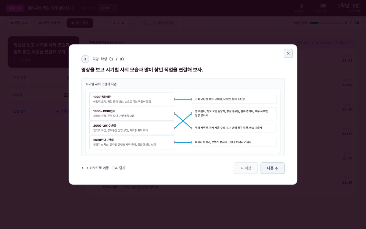 학생별 답변 조회와 크게 보기 — 활동 양식 그대로 읽기 전용 렌더 실제 화면