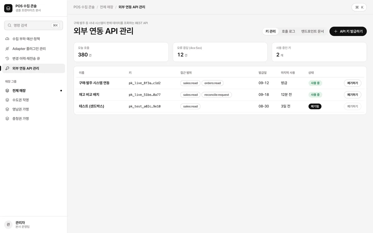 외부 연동 API 관리 실제 화면