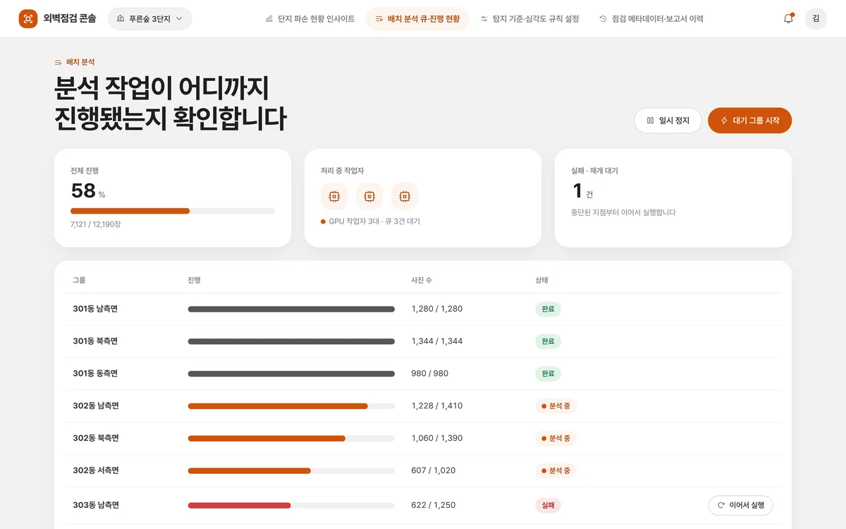 배치 분석 큐·진행 현황 실제 화면