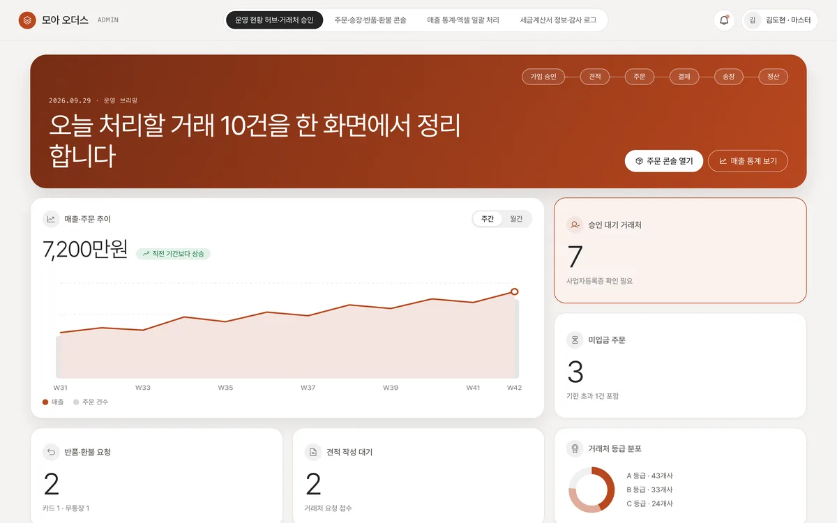 운영 현황 허브·거래처 승인 실제 화면
