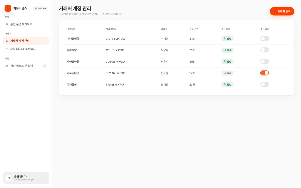 거래처 계정 관리 실제 화면