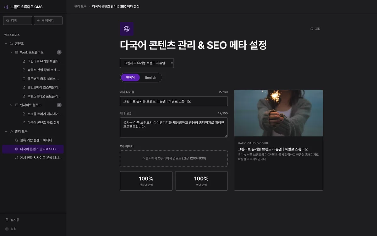 다국어 콘텐츠 관리 & SEO 메타 설정 실제 화면