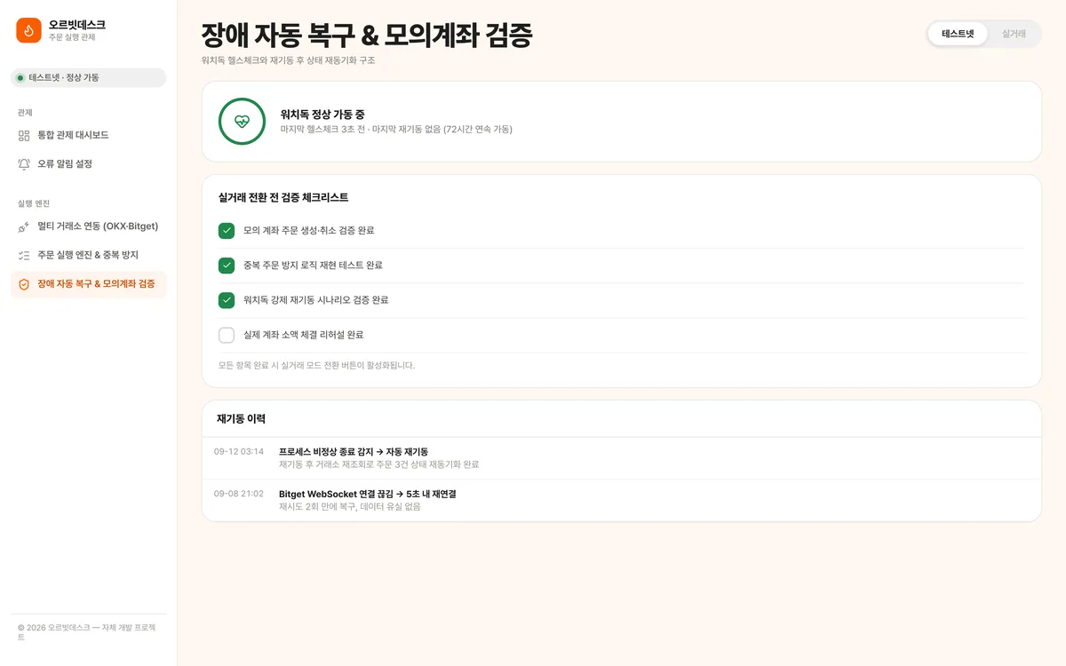 장애 자동 복구 & 모의계좌 검증 실제 화면