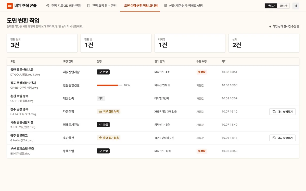 도면 이력·변환 작업 모니터 실제 화면