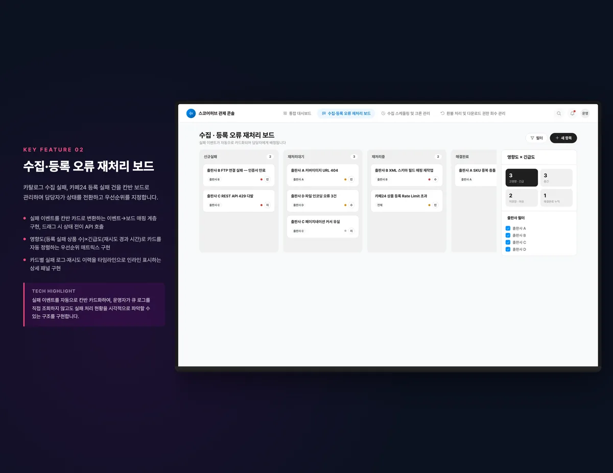 수집·등록 오류 재처리 보드