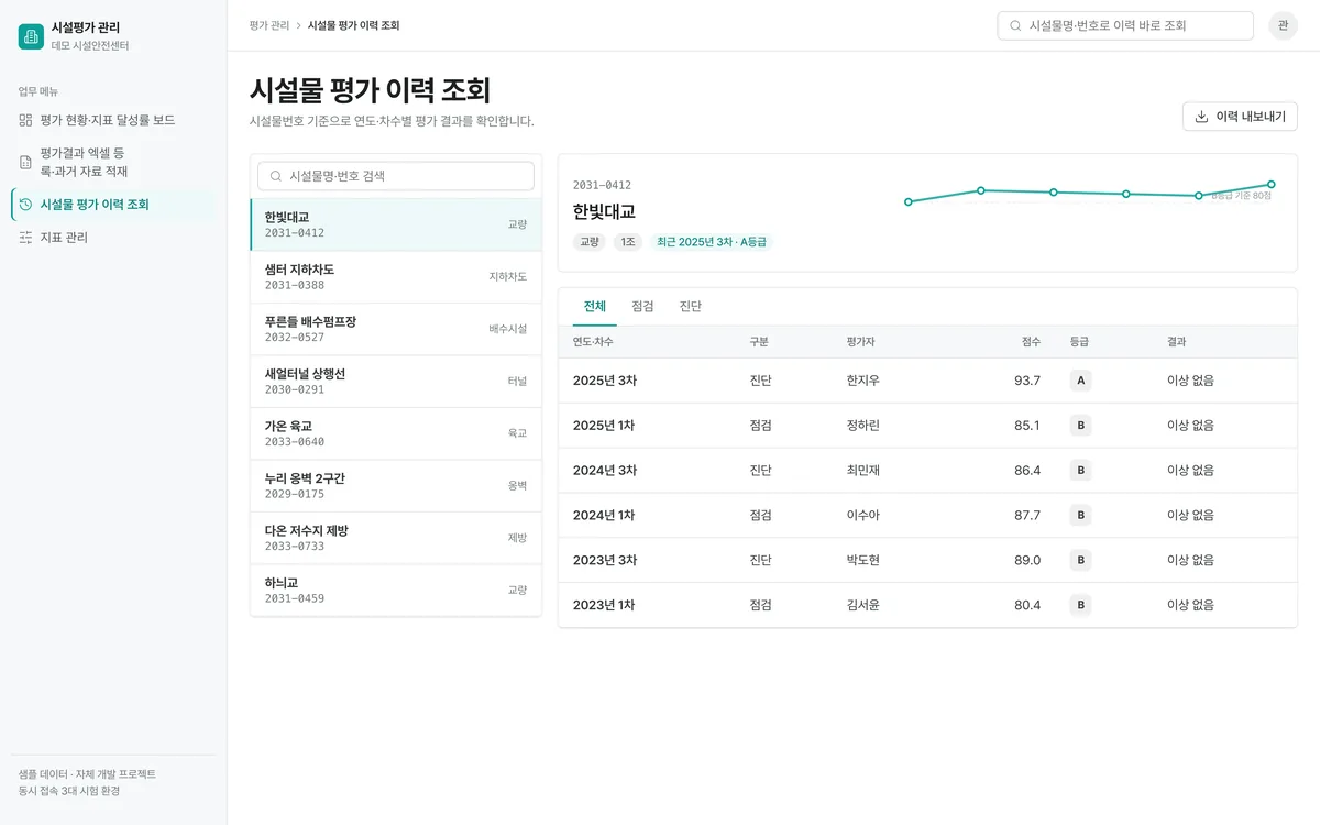 시설물 평가 이력 조회 실제 화면