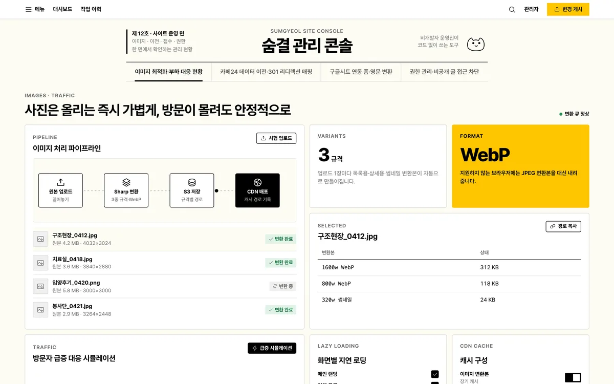 이미지 최적화·부하 대응 현황 실제 화면