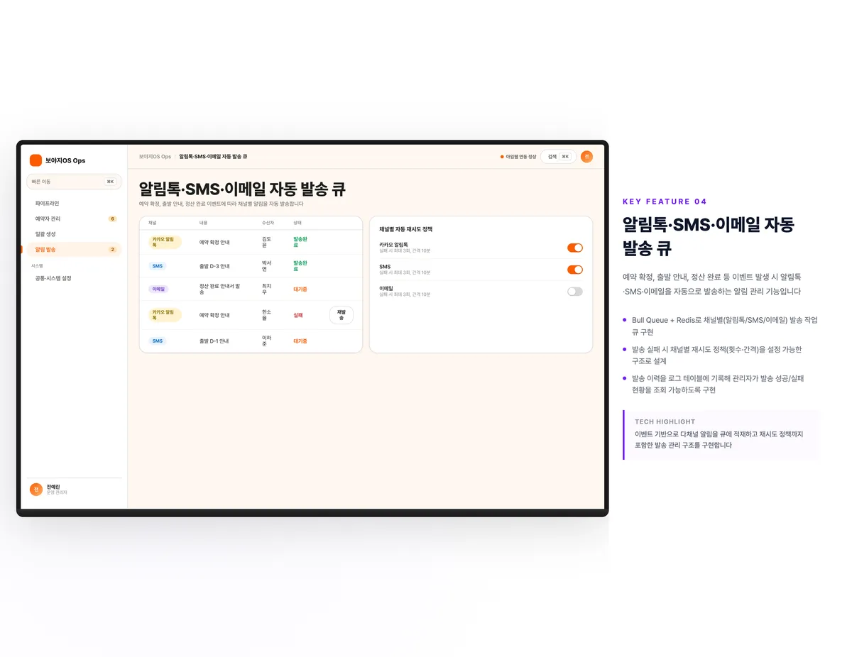 알림톡·SMS·이메일 자동 발송 큐