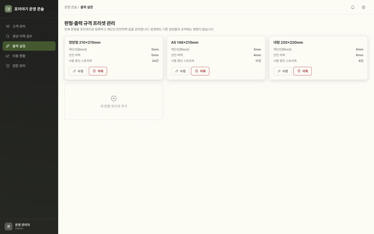 판형·출력 규격 프리셋 관리 실제 화면