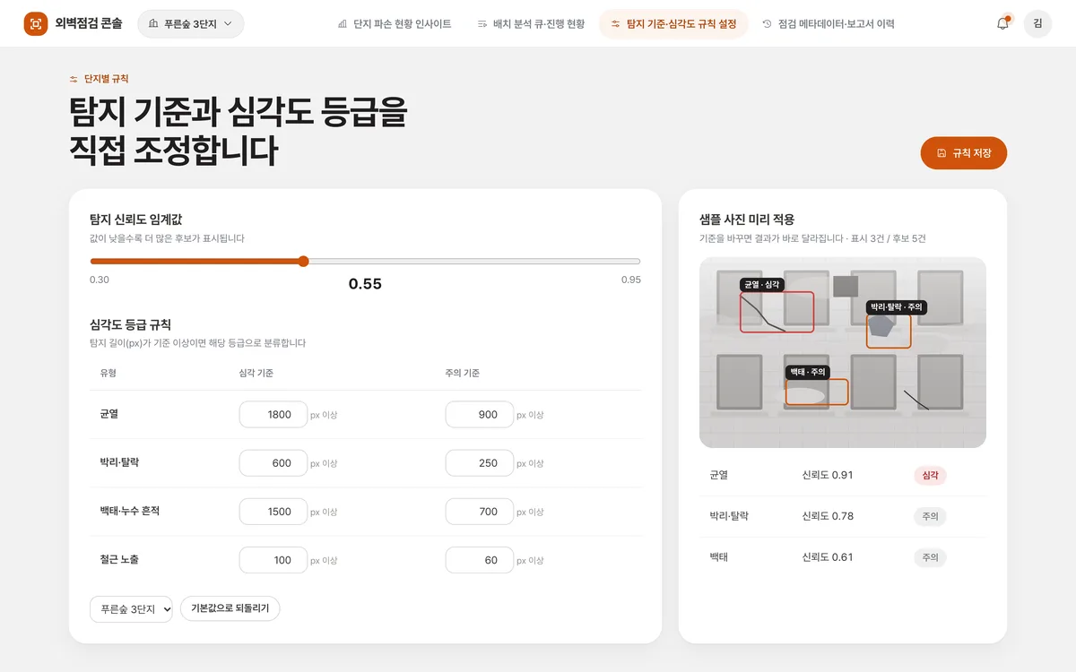 탐지 기준·심각도 규칙 설정 실제 화면