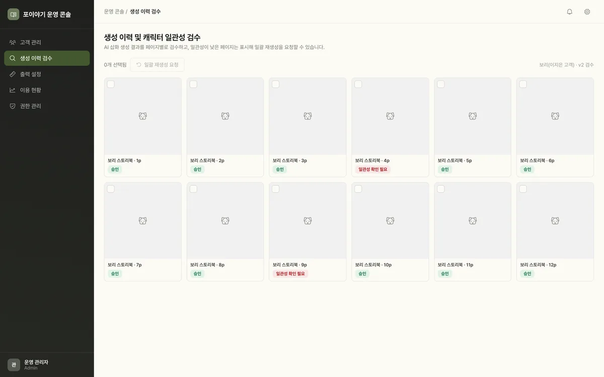 생성 이력 및 캐릭터 일관성 검수 실제 화면