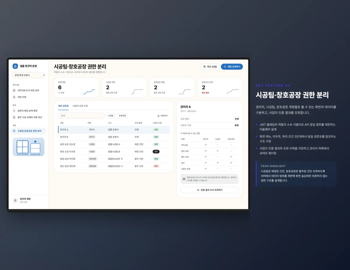 시공팀·창호공장 권한 분리