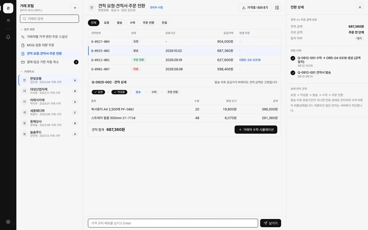 견적 요청·견적서·주문 전환 실제 화면