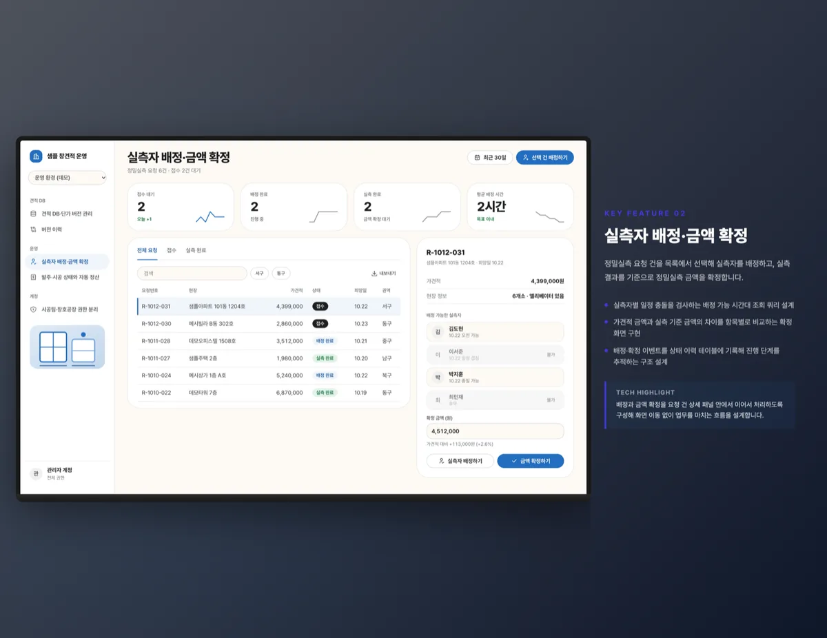 실측자 배정·금액 확정