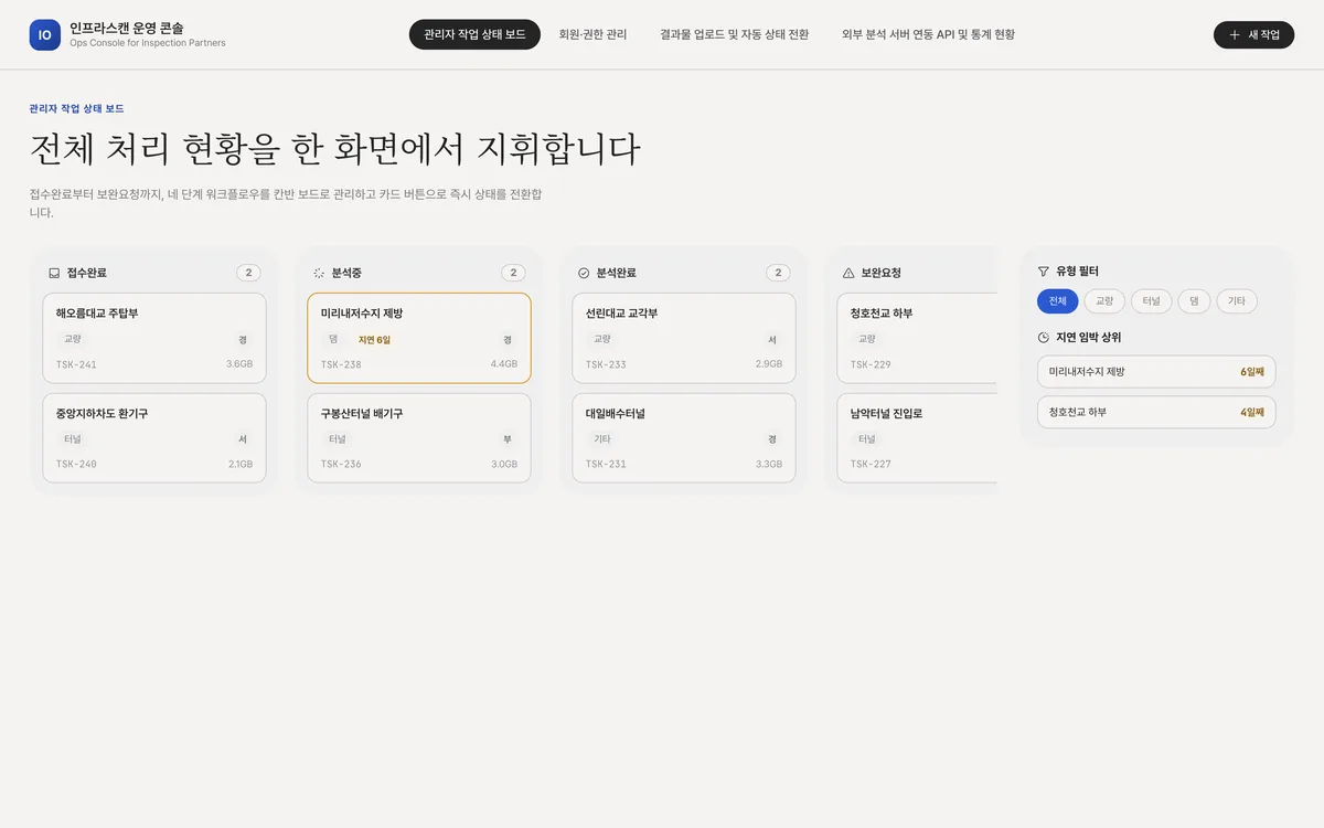 관리자 작업 상태 보드 실제 화면
