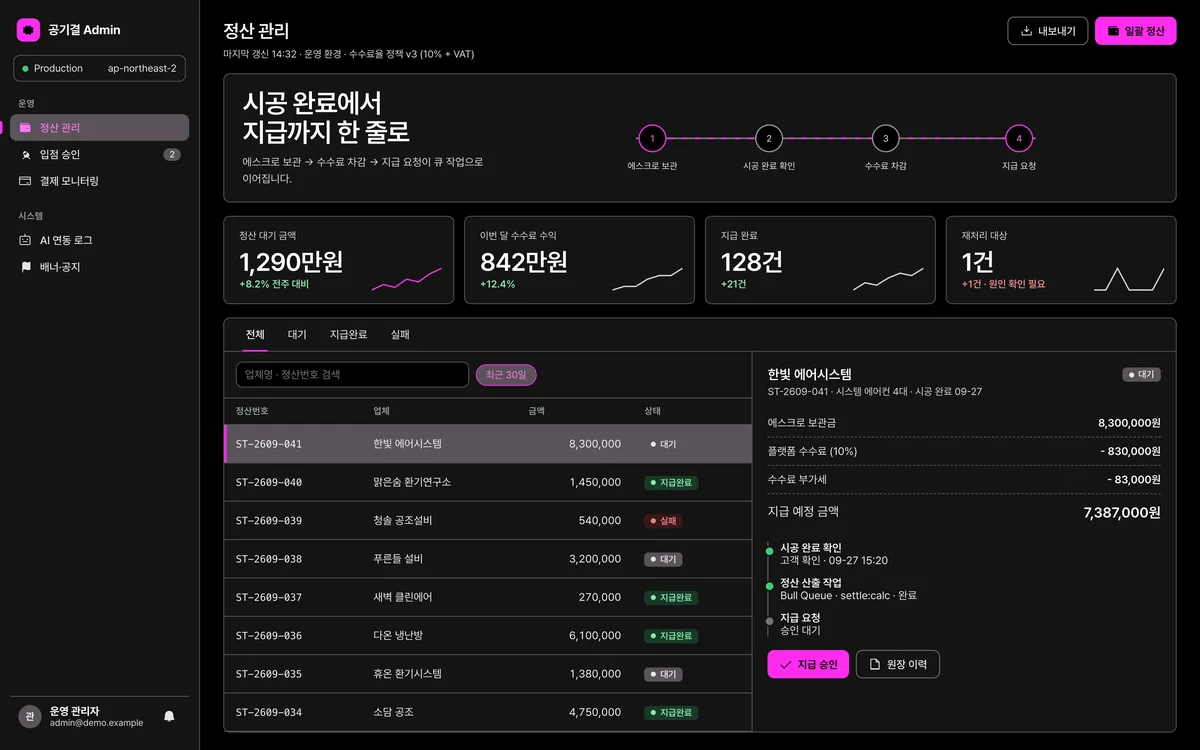 정산 관리 실제 화면