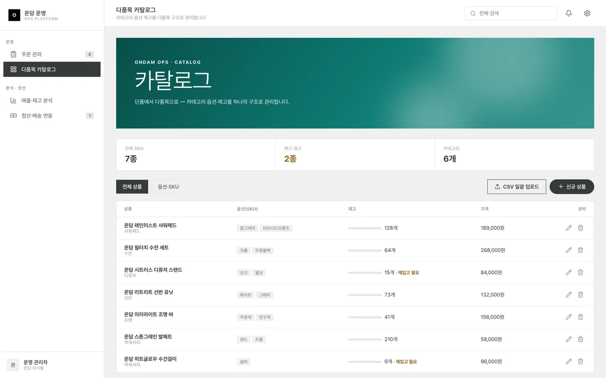 다품목 카탈로그 실제 화면