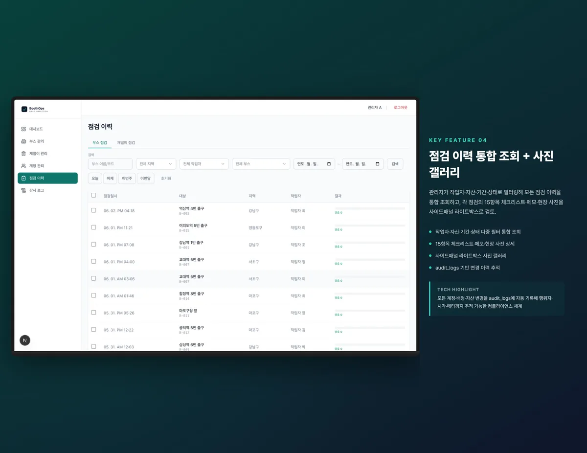 점검 이력 통합 조회 + 사진 갤러리