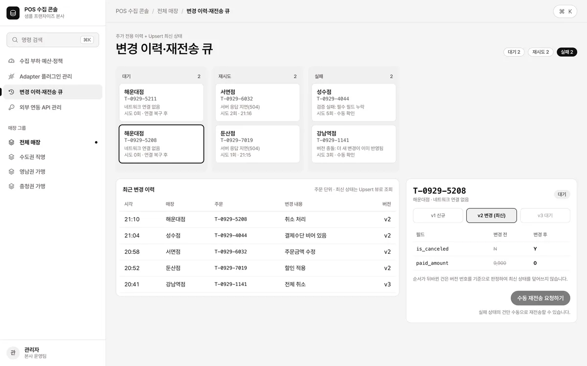 변경 이력·재전송 큐 실제 화면