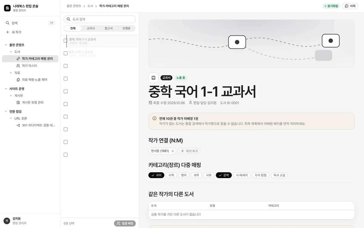 작가·카테고리 매핑 관리 실제 화면