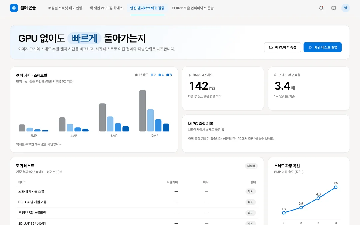 엔진 벤치마크·회귀 검증 실제 화면