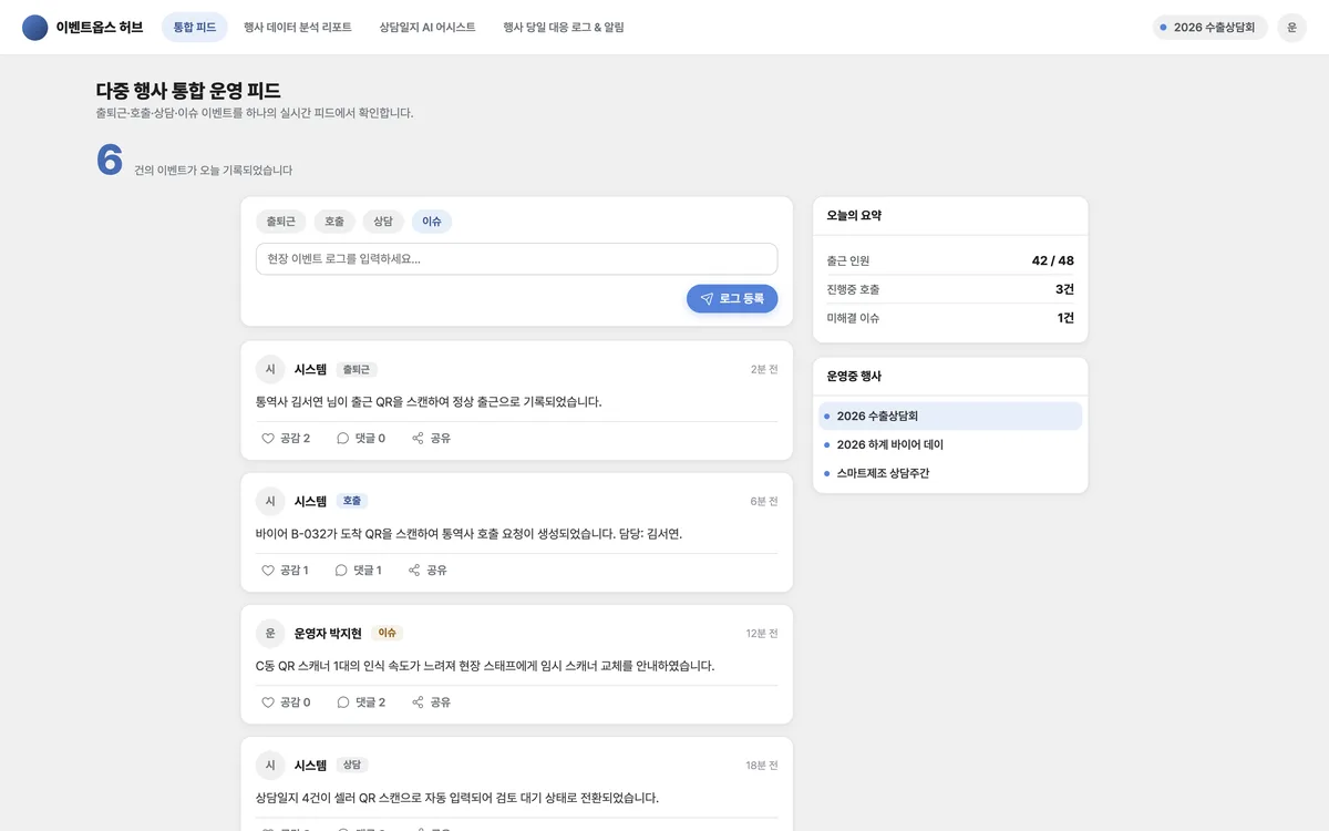 다중 행사 통합 운영 피드 실제 화면