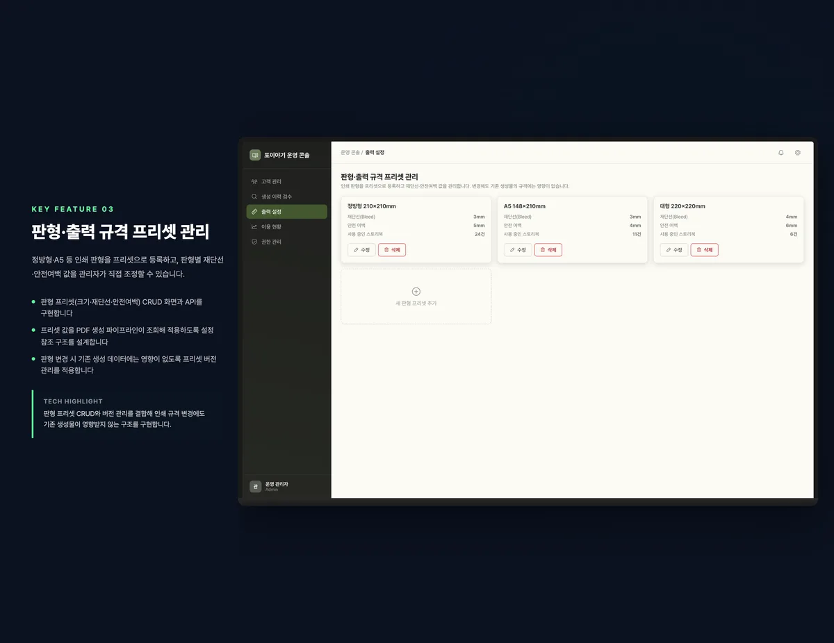판형·출력 규격 프리셋 관리