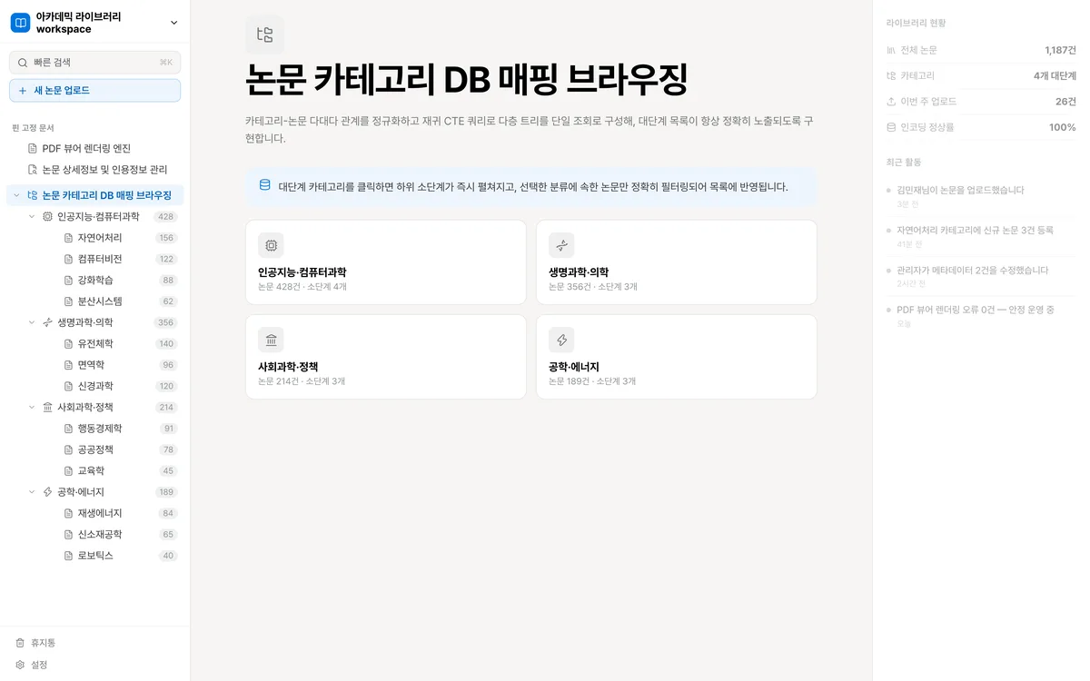 논문 카테고리 DB 매핑 브라우징 실제 화면