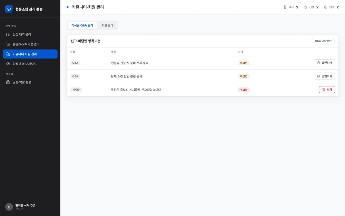 커뮤니티·회원 관리 실제 화면
