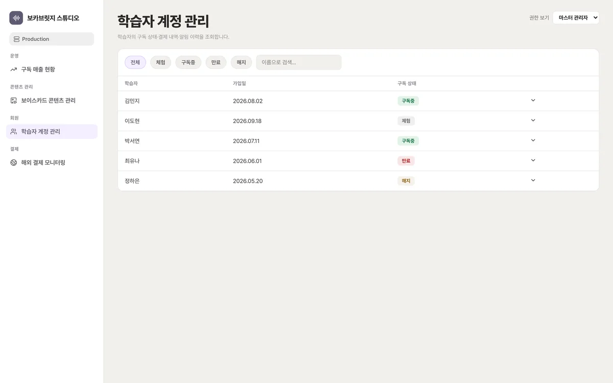 학습자 계정 관리 실제 화면