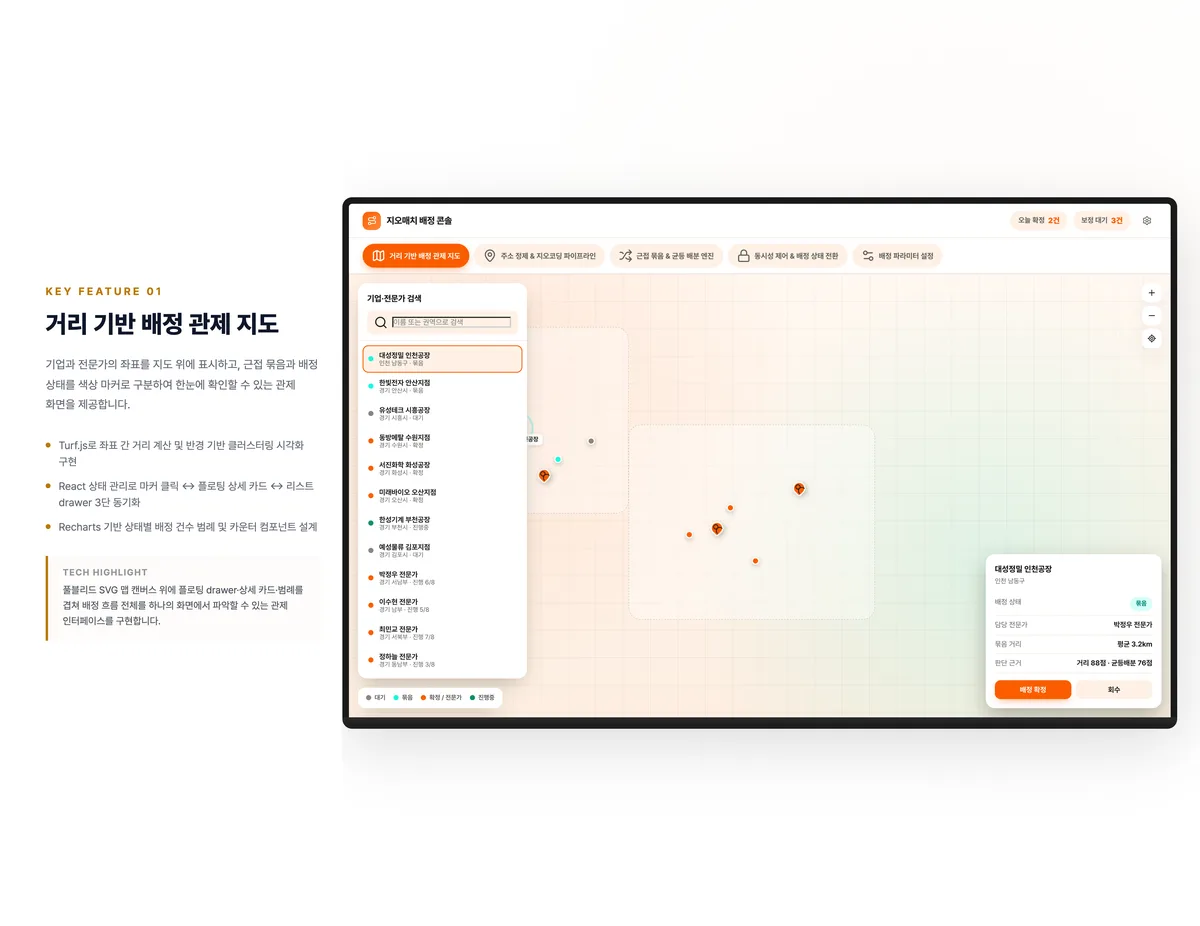 거리 기반 배정 관제 지도