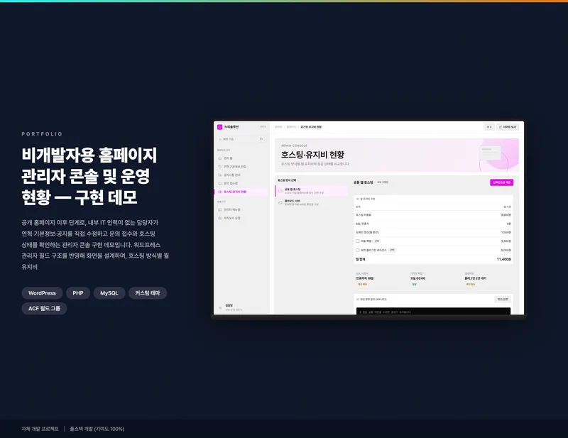비개발자용 홈페이지 관리자 콘솔 및 운영 현황 화면 1