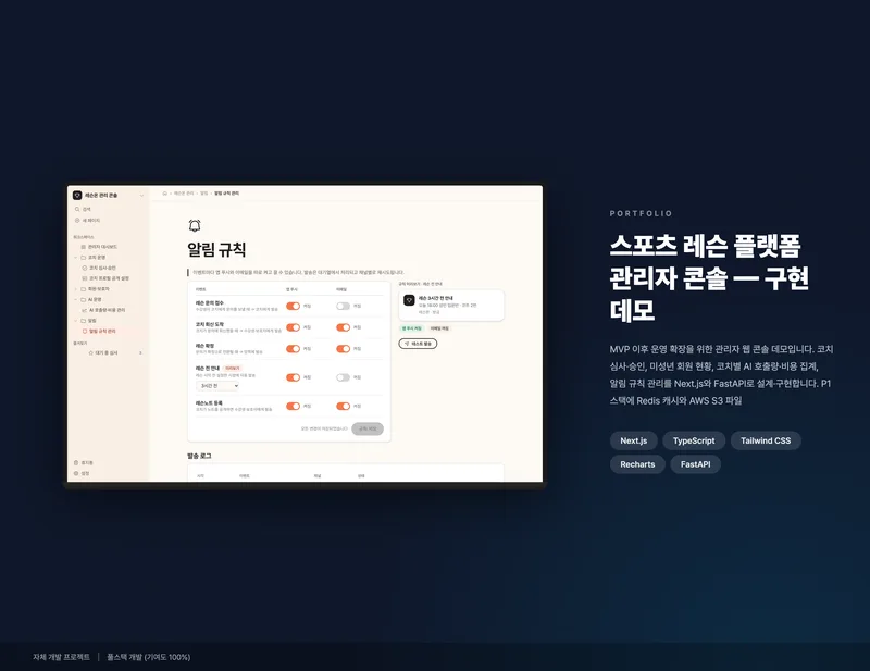 스포츠 레슨 플랫폼 관리자 콘솔 화면 1